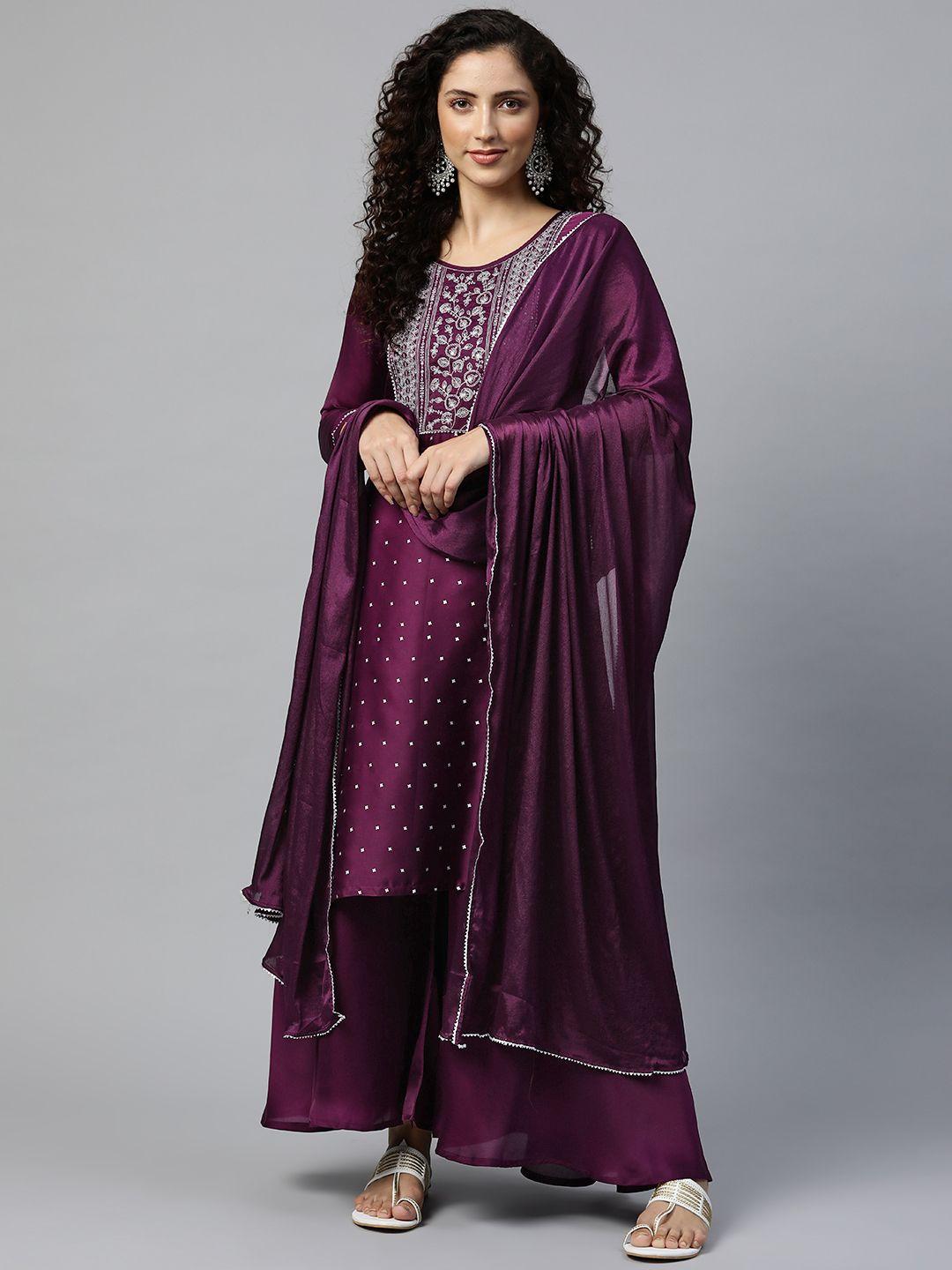 shewill women purple ethnic motifs embroidered sequinned kurta with palazzos & with dupatta