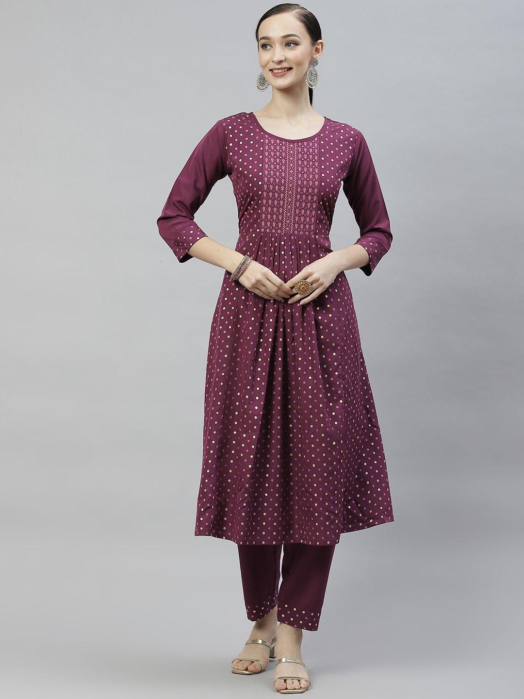 shewill women purple ethnic yoke embroidered pleated a-line kurta with trousers