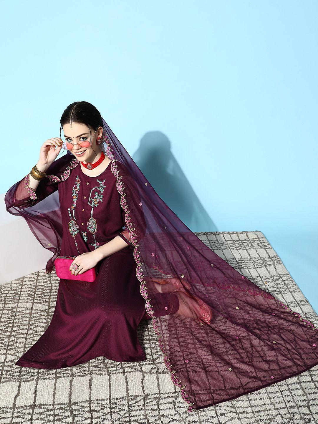 shewill women purple floral embroidered kurta with trousers & with dupatta