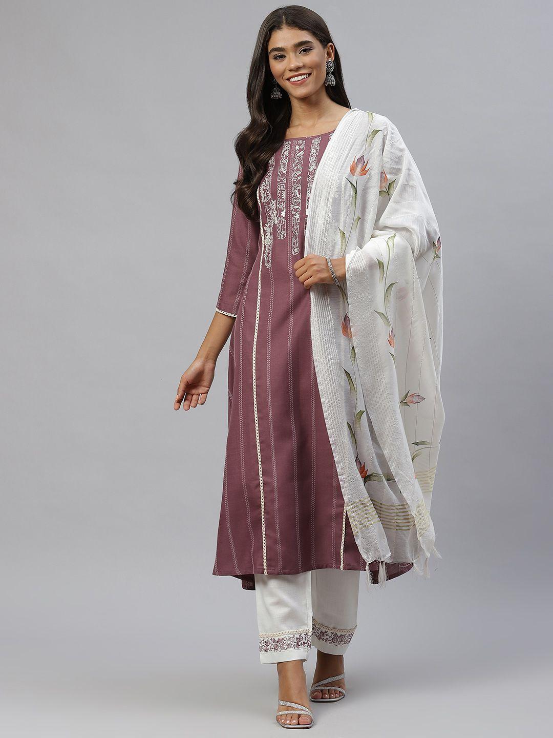 shewill women purple floral embroidered panelled thread work kurta with trousers & with dupatta