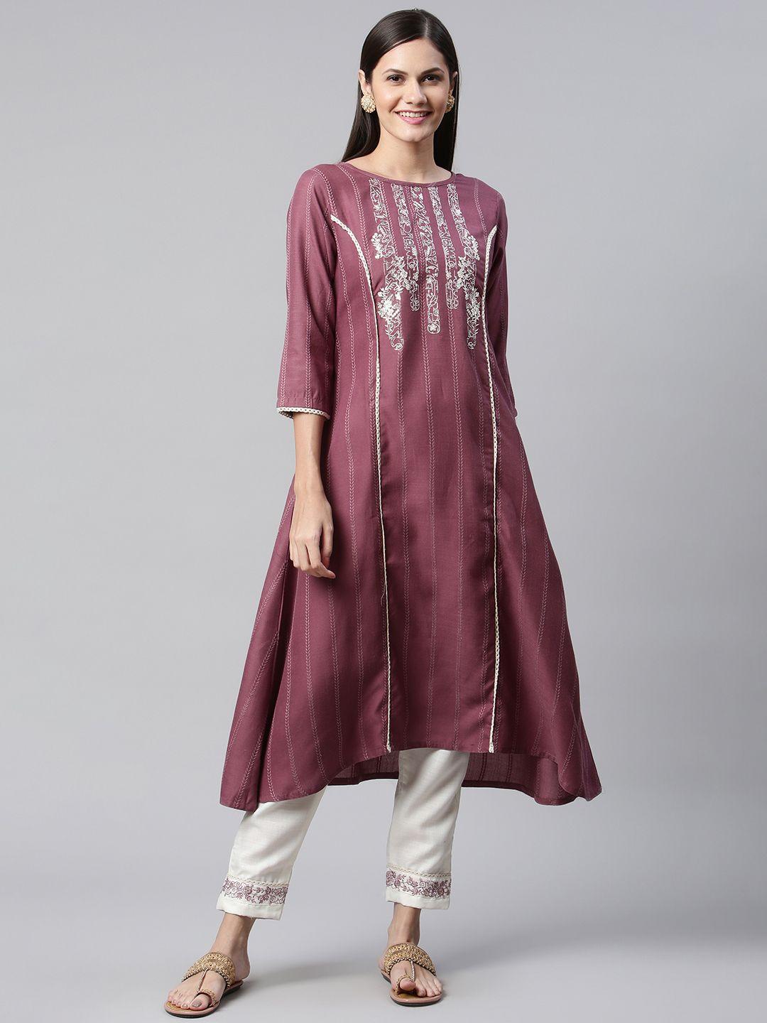 shewill women purple floral embroidered pleated sequinned kurta with trousers