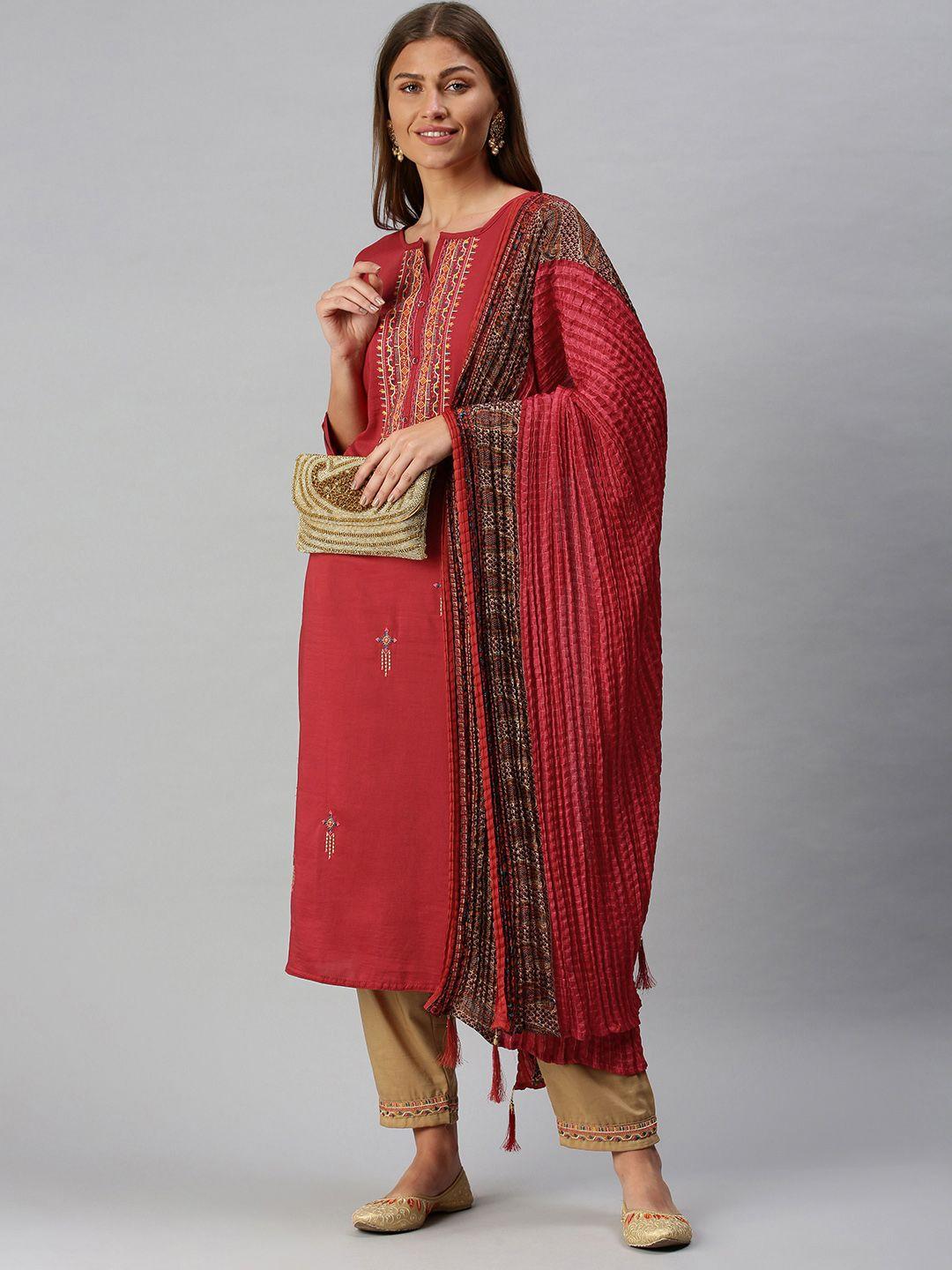 shewill women red & beige embroidered kurta with trousers & dupatta