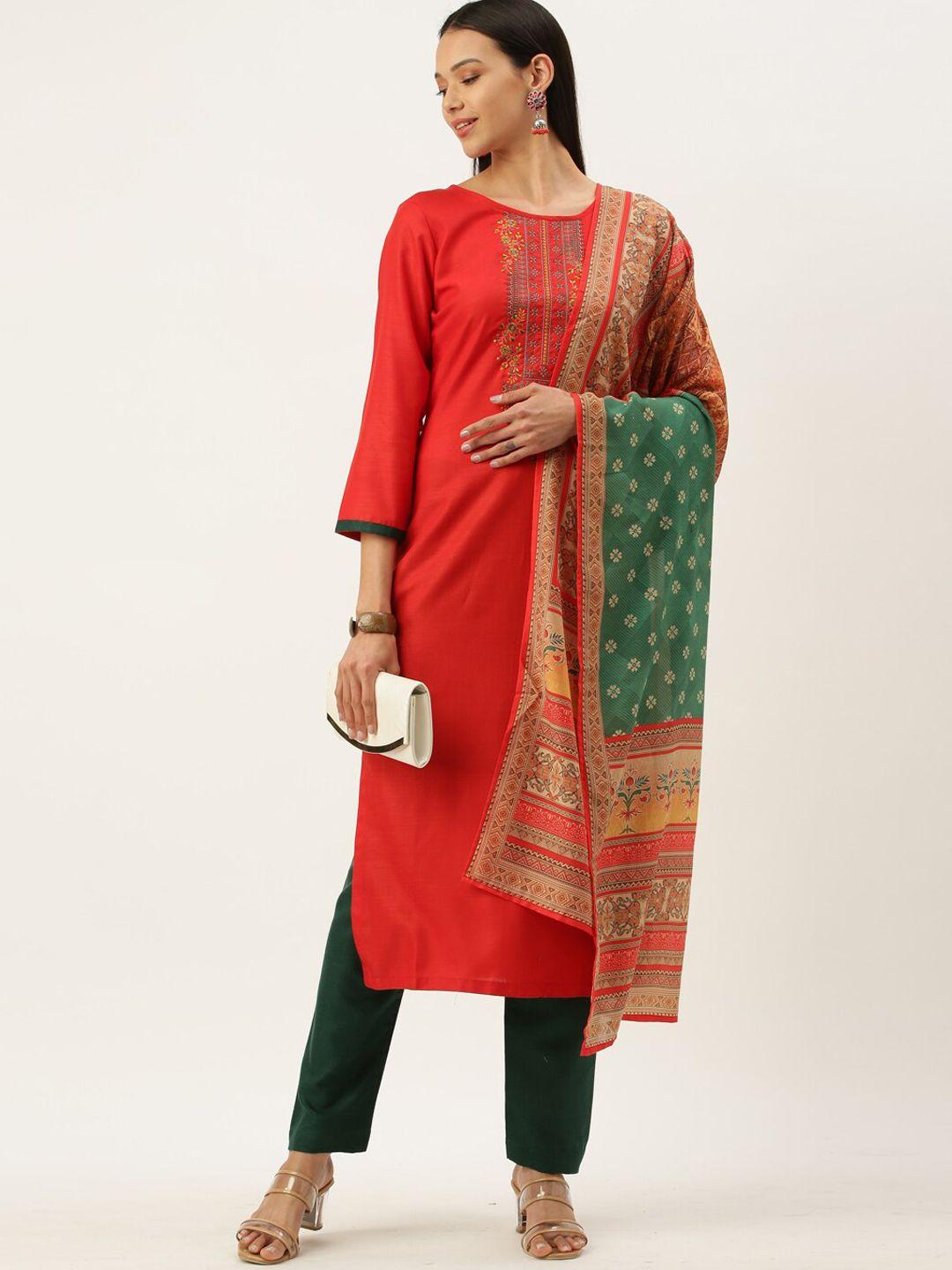 shewill women red & green embroidered straight kurta with trousers & dupatta