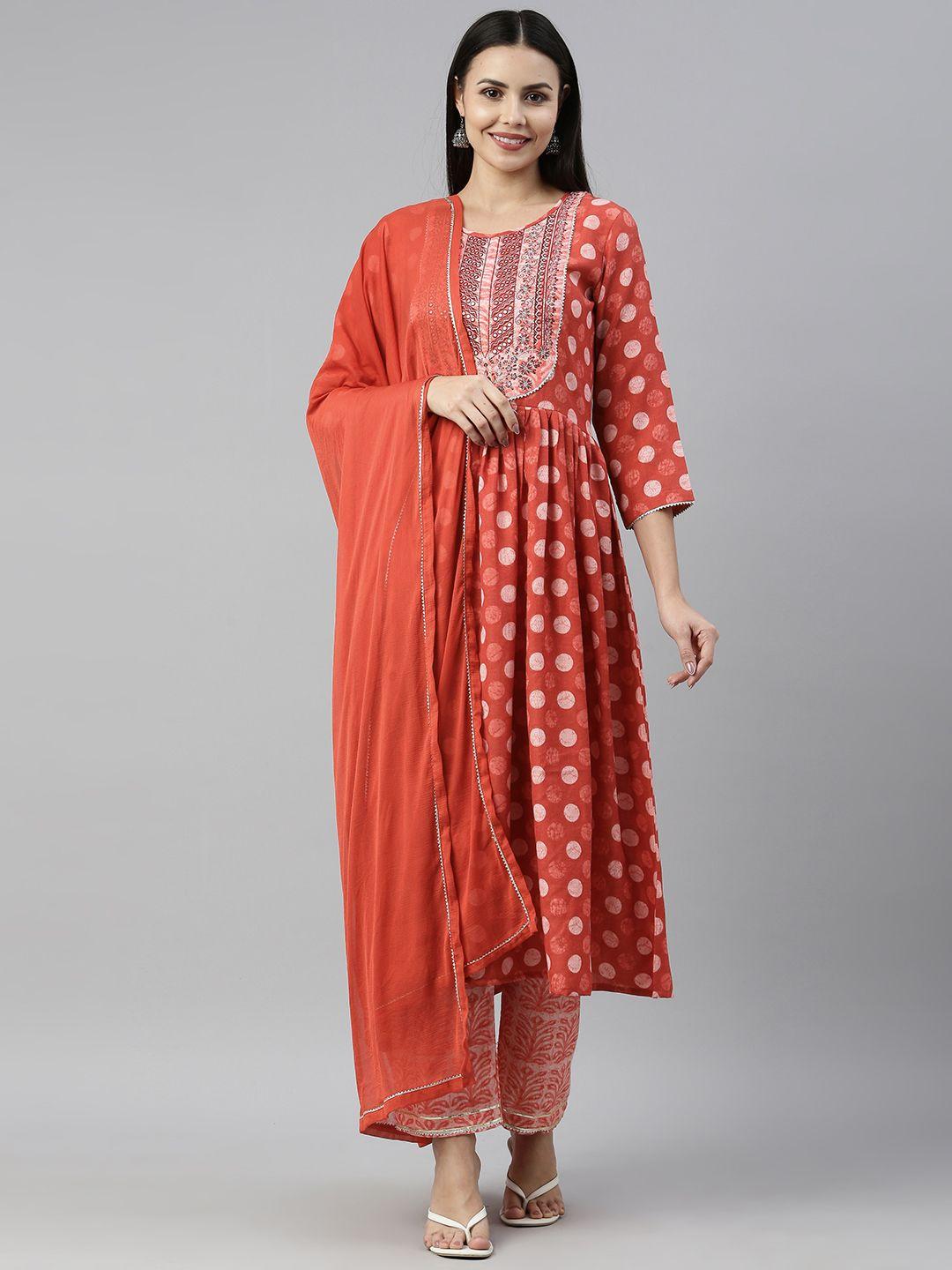 shewill women red embroidered mirror work kurta with trousers & with dupatta