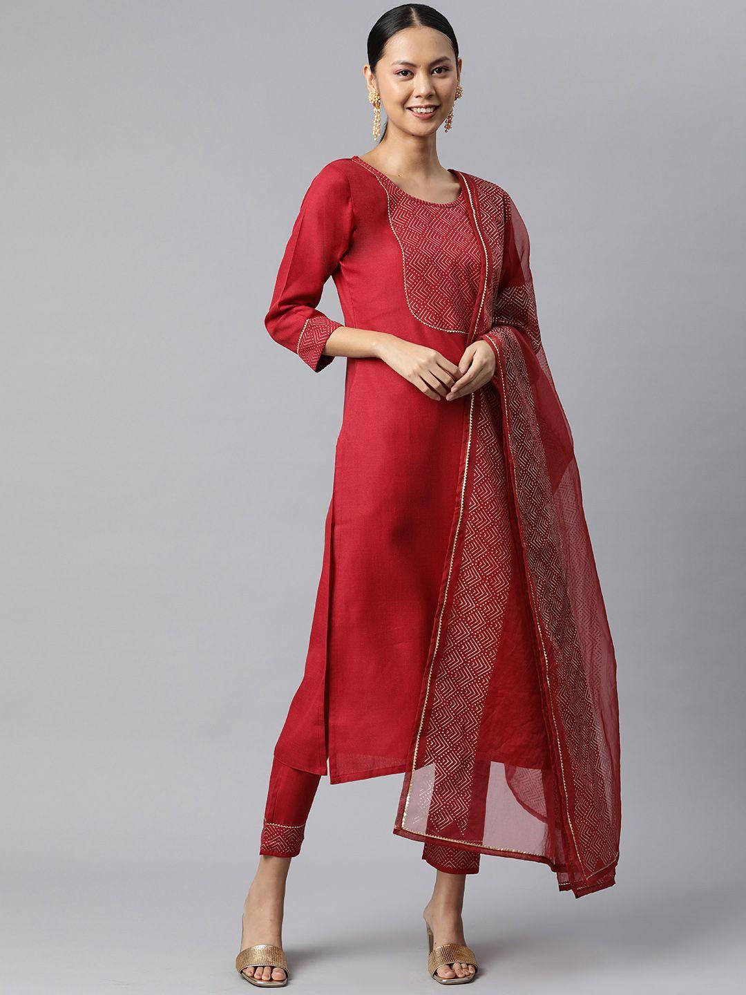 shewill women red ethnic motifs printed gotta patti kurta with trousers & with dupatta