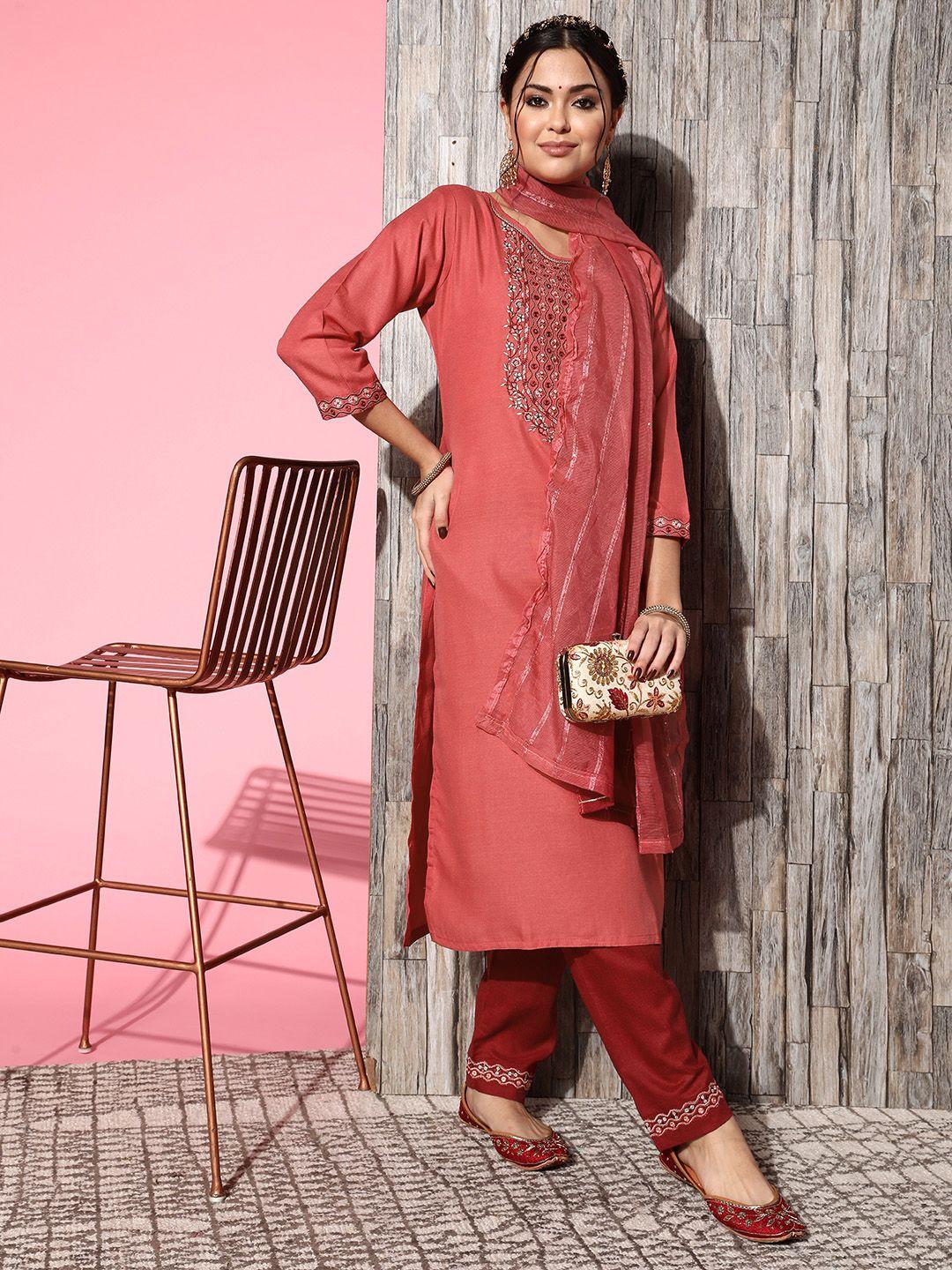 shewill women rust red ethnic motifs yoke design kurta with trousers & with dupatta