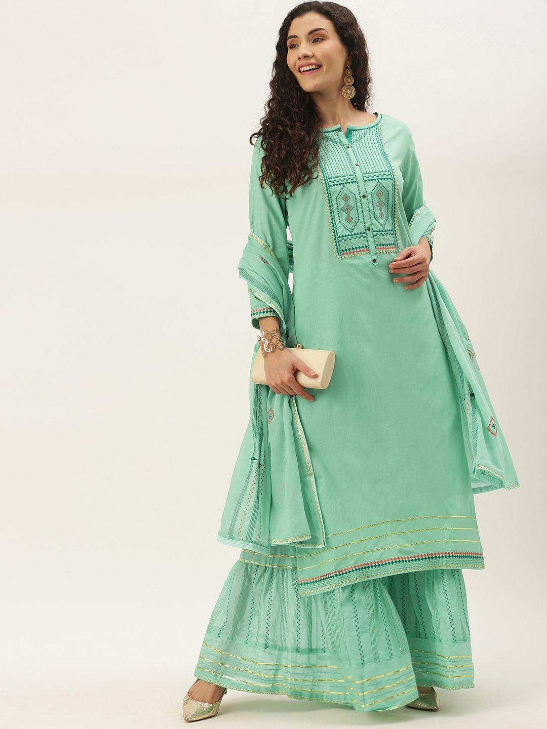 shewill women sea green embroidered gotta patti kurta with sharara & dupatta