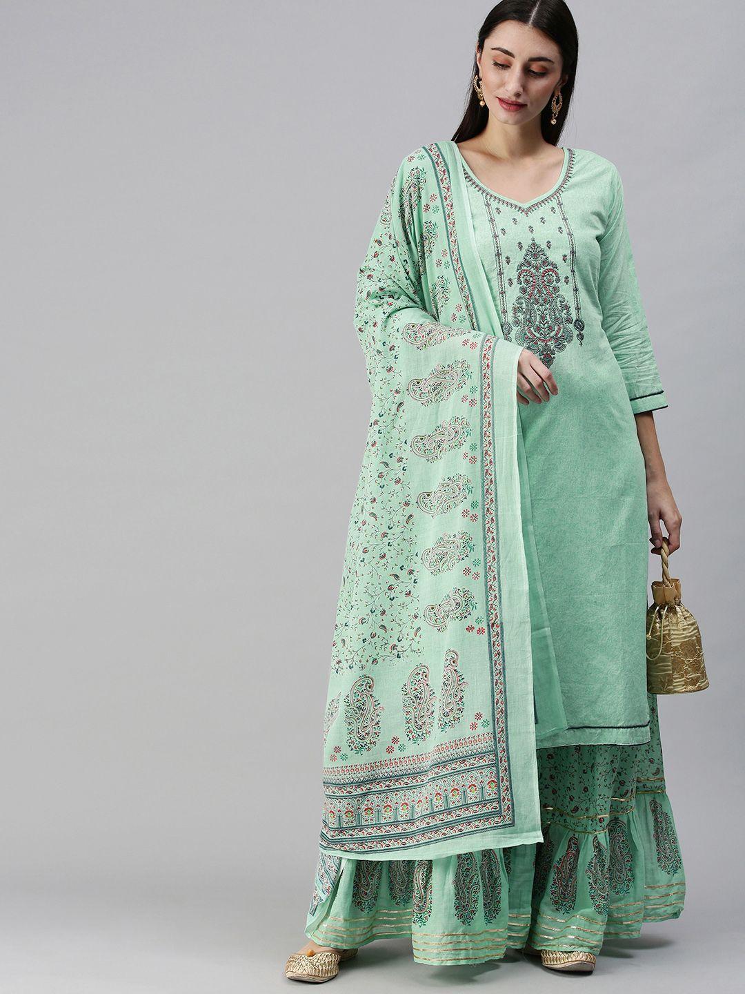 shewill women sea green ethnic motifs embroidered gotta patti cotton kurta with sharara