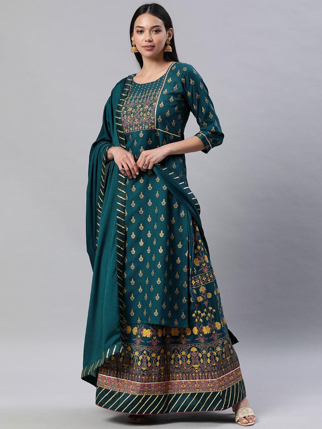 shewill women teal blue ethnic motifs foil printed gotta patti a-line kurta with skirt