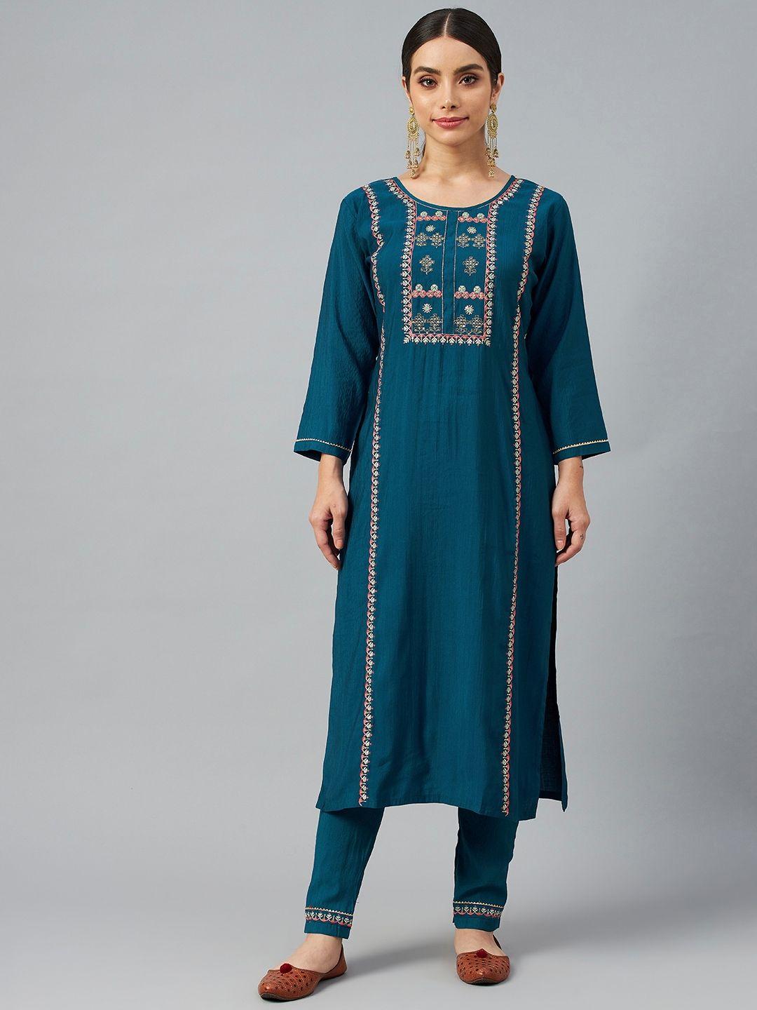 shewill women teal blue floral embroidered sequinned kurta with trousers