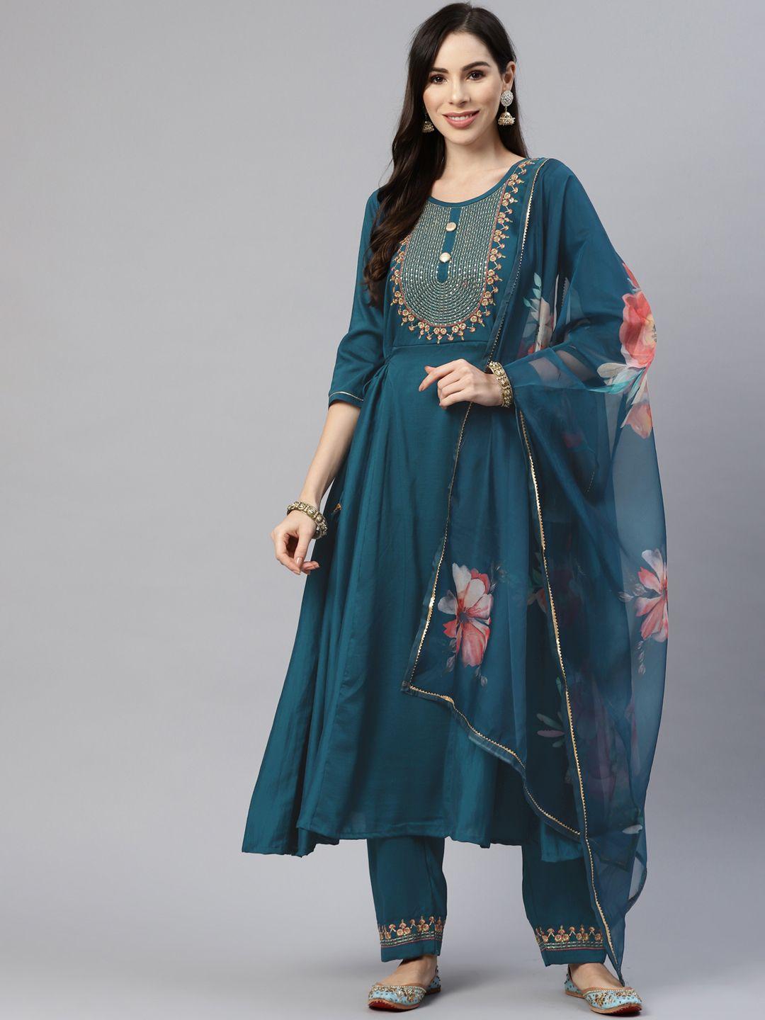 shewill women teal floral embroidered pleated sequinned kurta with trousers & with dupatta