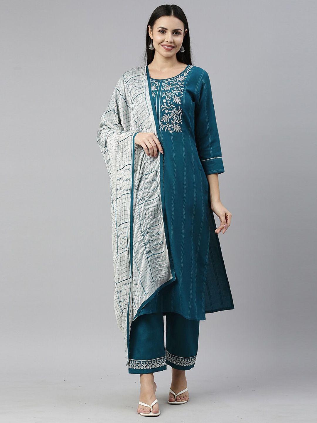 shewill women teal floral embroidered sequinned kurta with trousers & dupatta