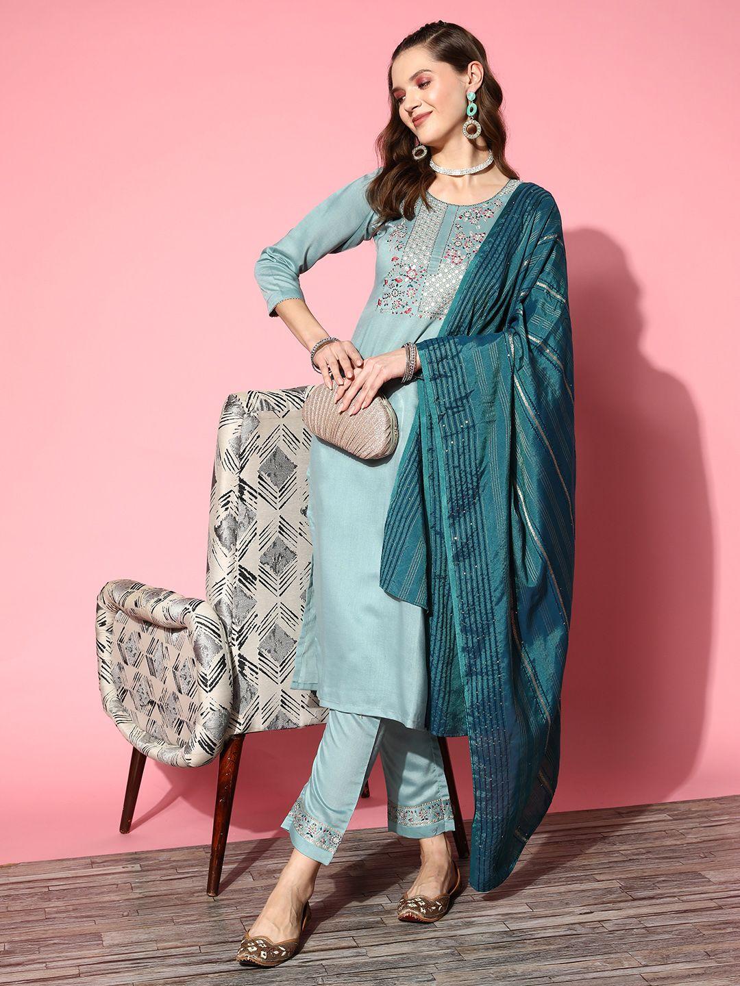 shewill women turquoise blue floral embroidered sequinned kurta with trousers & with dupatta