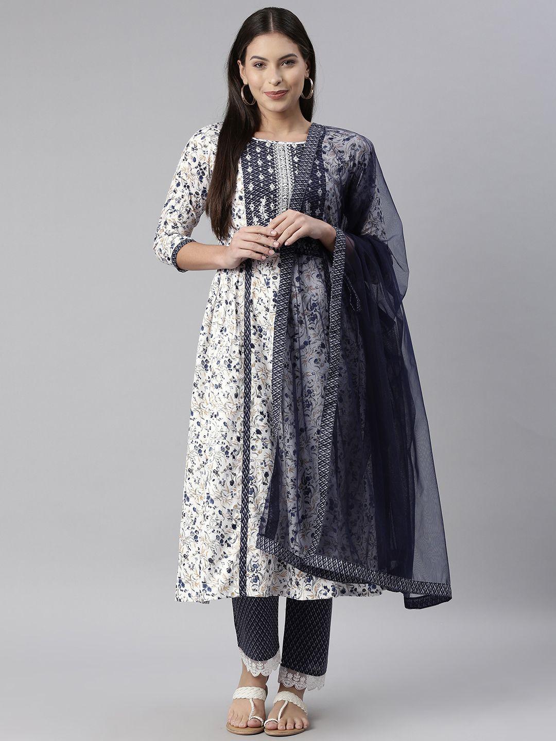 shewill women white & navy blue mirror work embroidered kurta with trousers & with dupatta