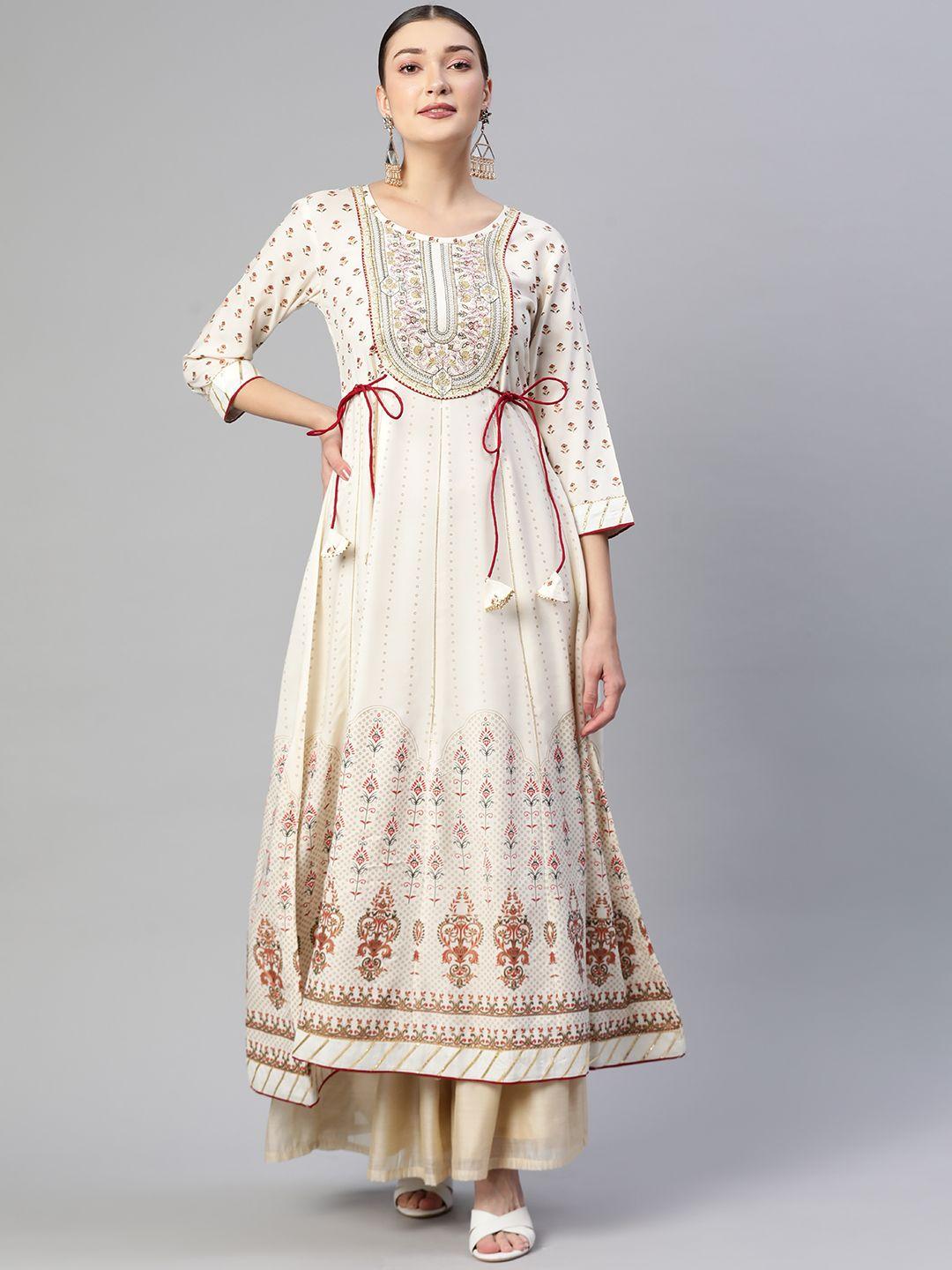 shewill women white ethnic motifs foil printed gotta patti a-line kurta