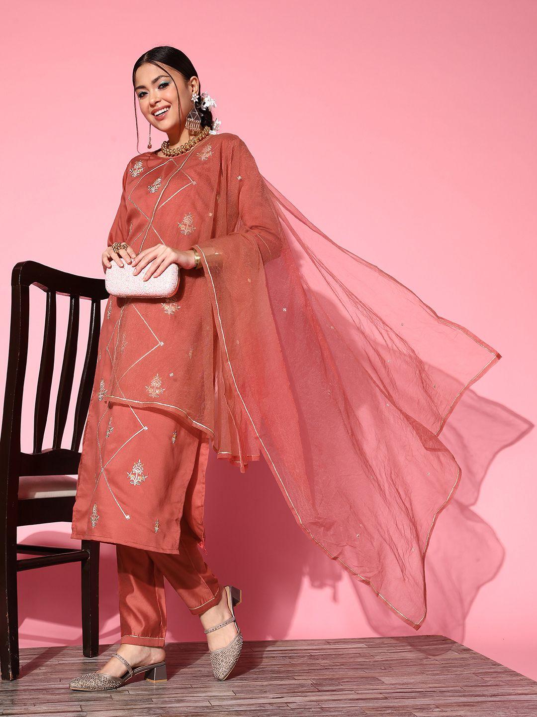 shewill womenethnic motifs embroidered sequinned kurta with trousers & dupatta