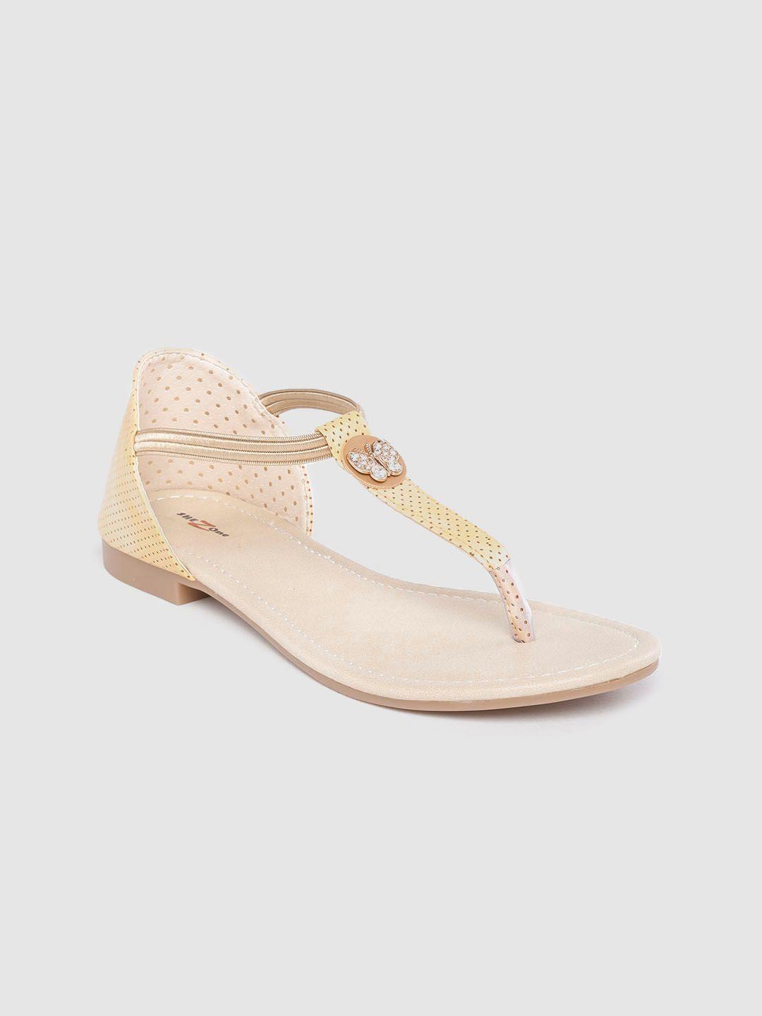 shezone women cream-coloured perforated t-strap flats
