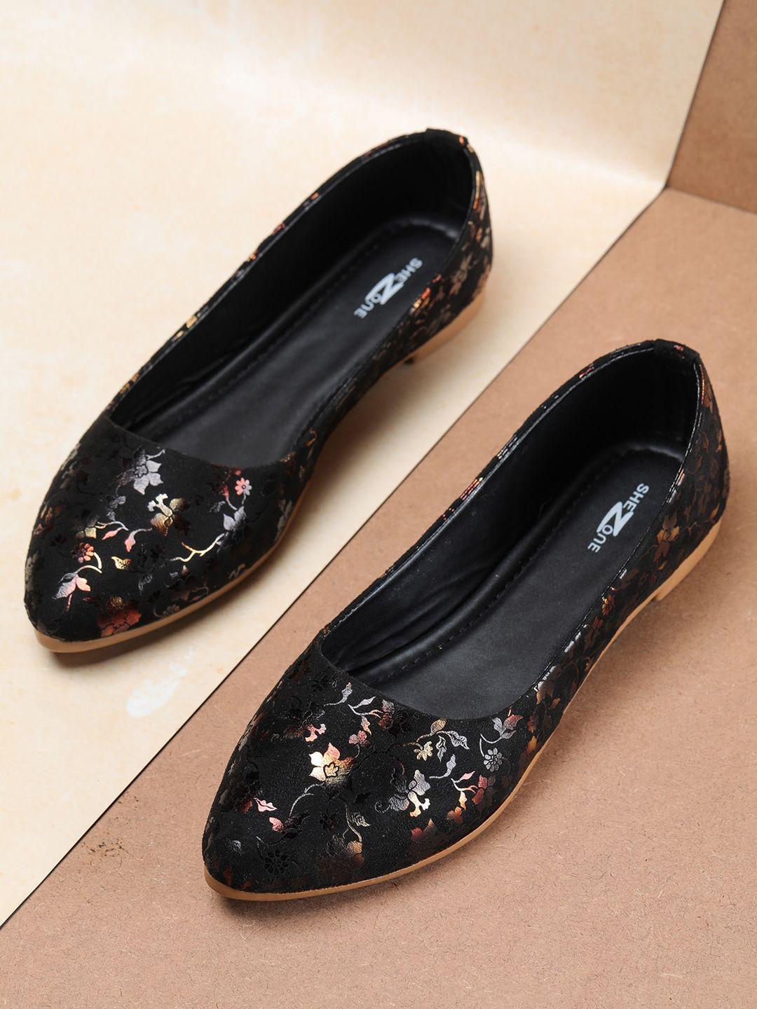 shezone women black printed ballerinas flats