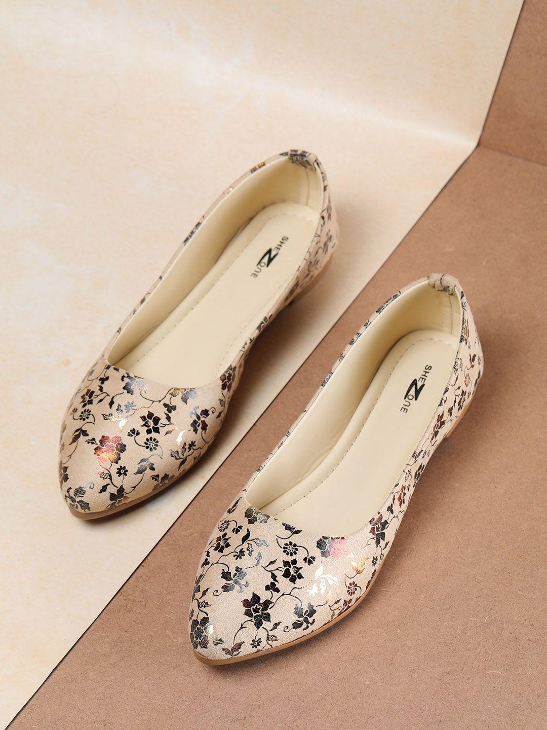 shezone women cream-coloured printed ballerinas flats