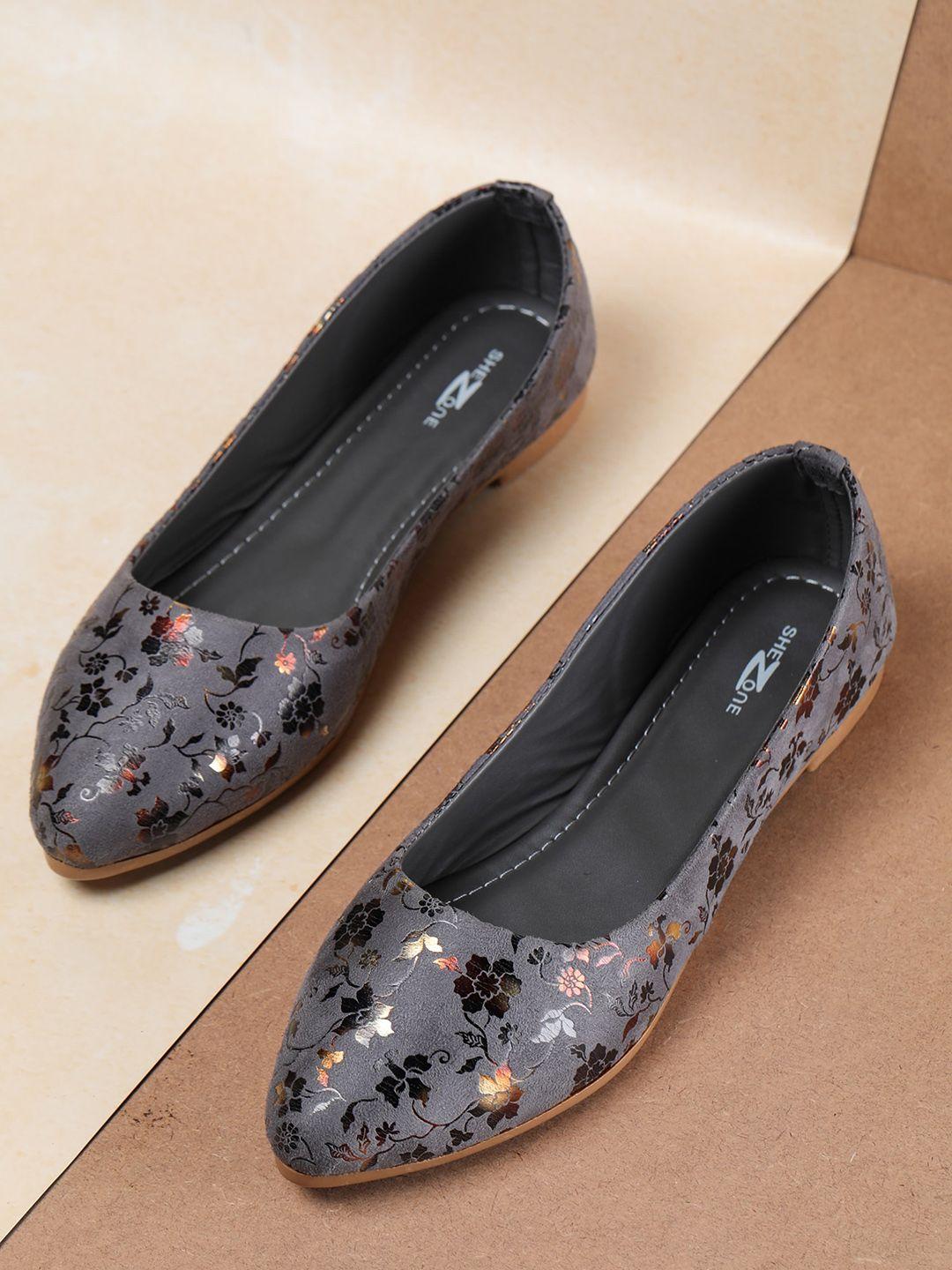 shezone women grey floral printed ballerinas flats