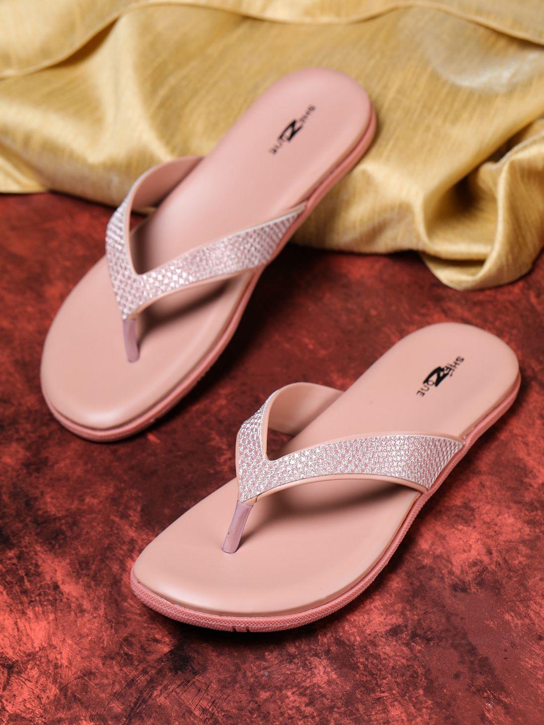 shezone women peach-coloured embellished open toe flats