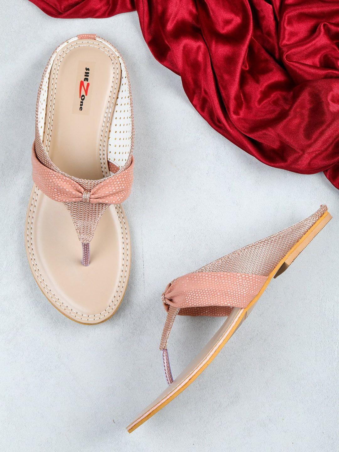 shezone women peach-coloured printed t-strap flats