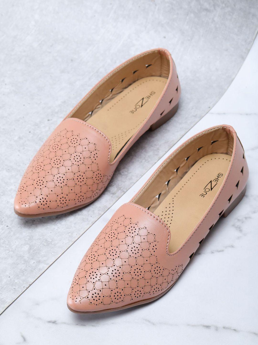 shezone women peach-coloured textured ballerinas with laser cuts flats