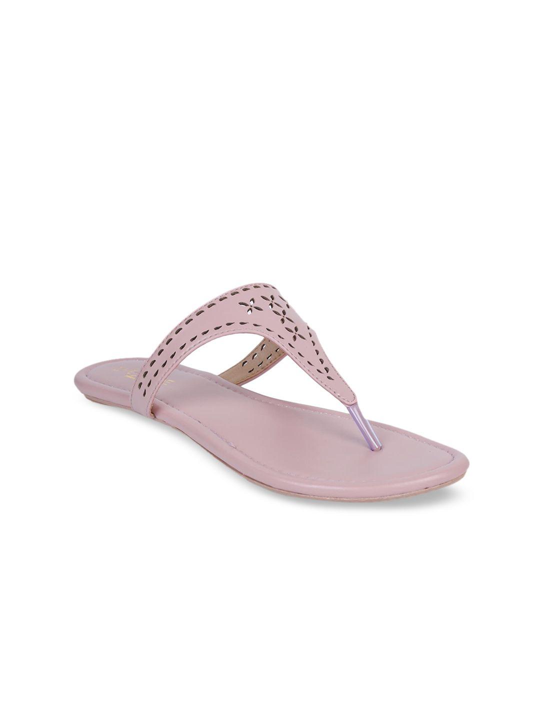 shezone women peach-coloured textured t-strap flats