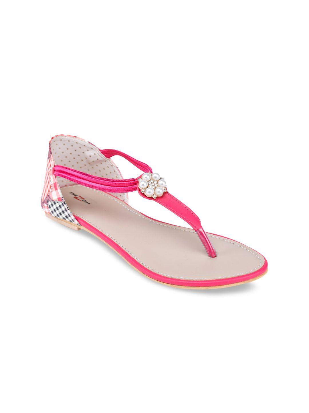 shezone women pink printed t-strap flats