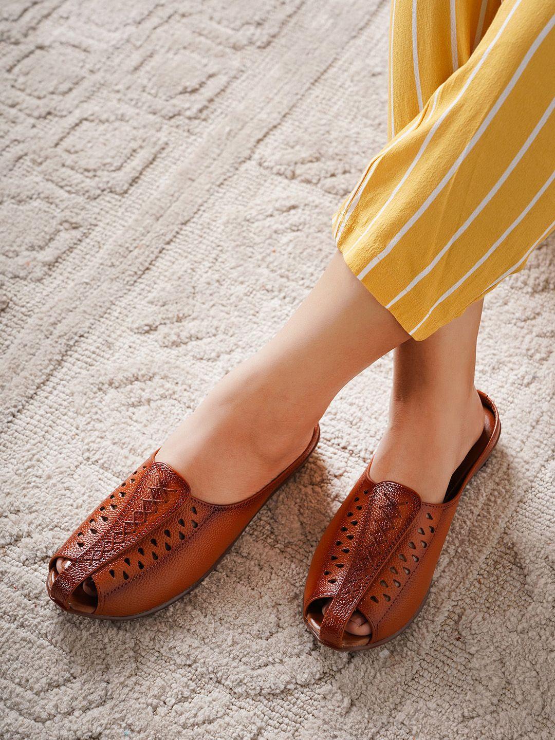 shezone women tan leather mules with laser cuts