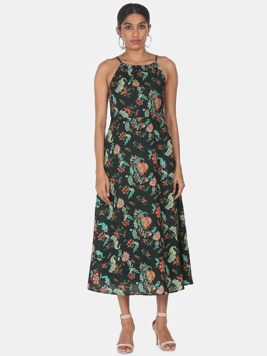 shffl green & red floral a-line maxi dress