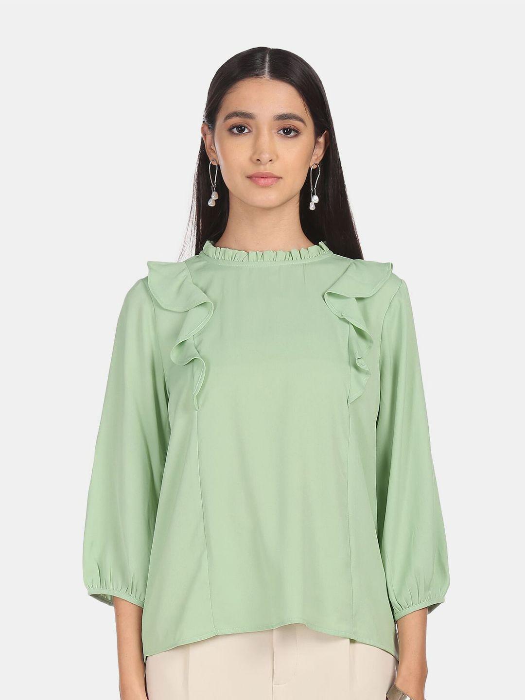 shffl green ruffled accent woven top