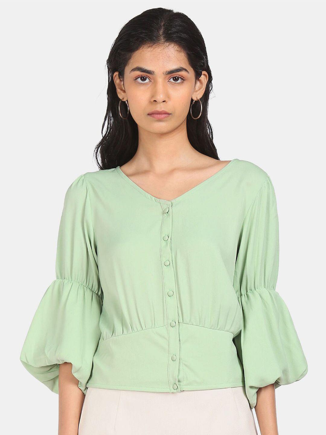 shffl green v-neck solid top