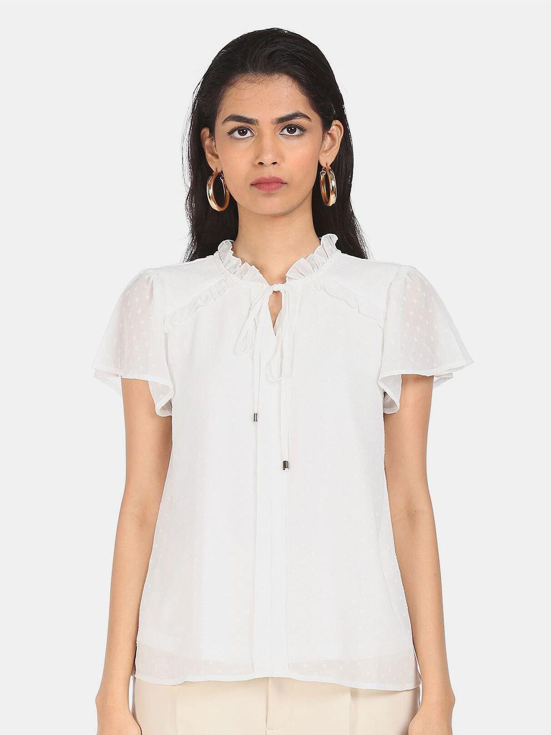 shffl white tie-up neck ruffled top