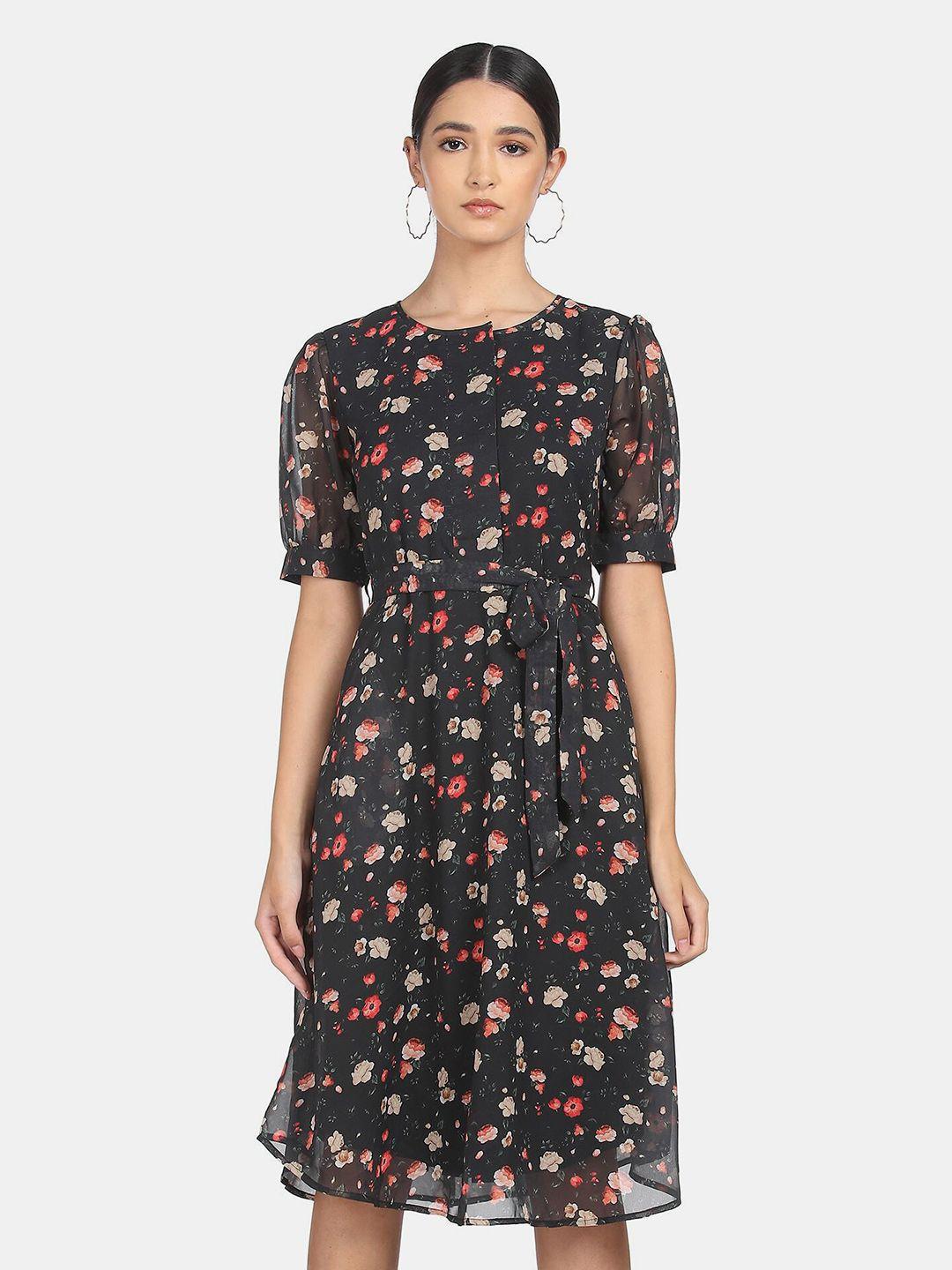 shffl women black floral belted fit & flare dress