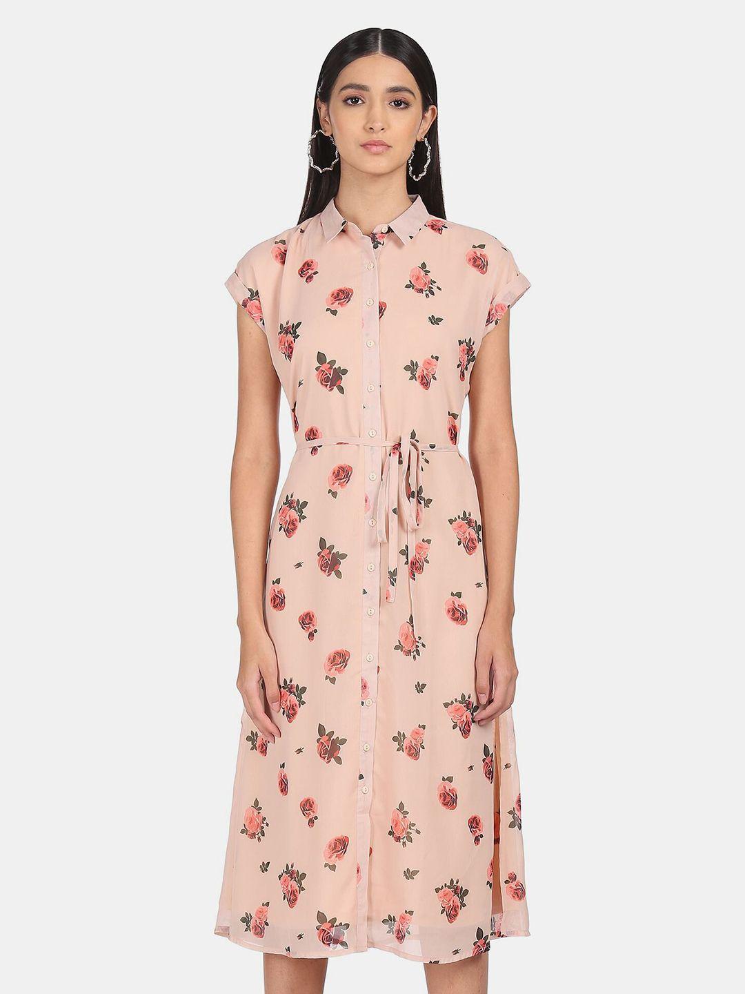 shffl women pink floral printed tie-up waist shirt style midi dress