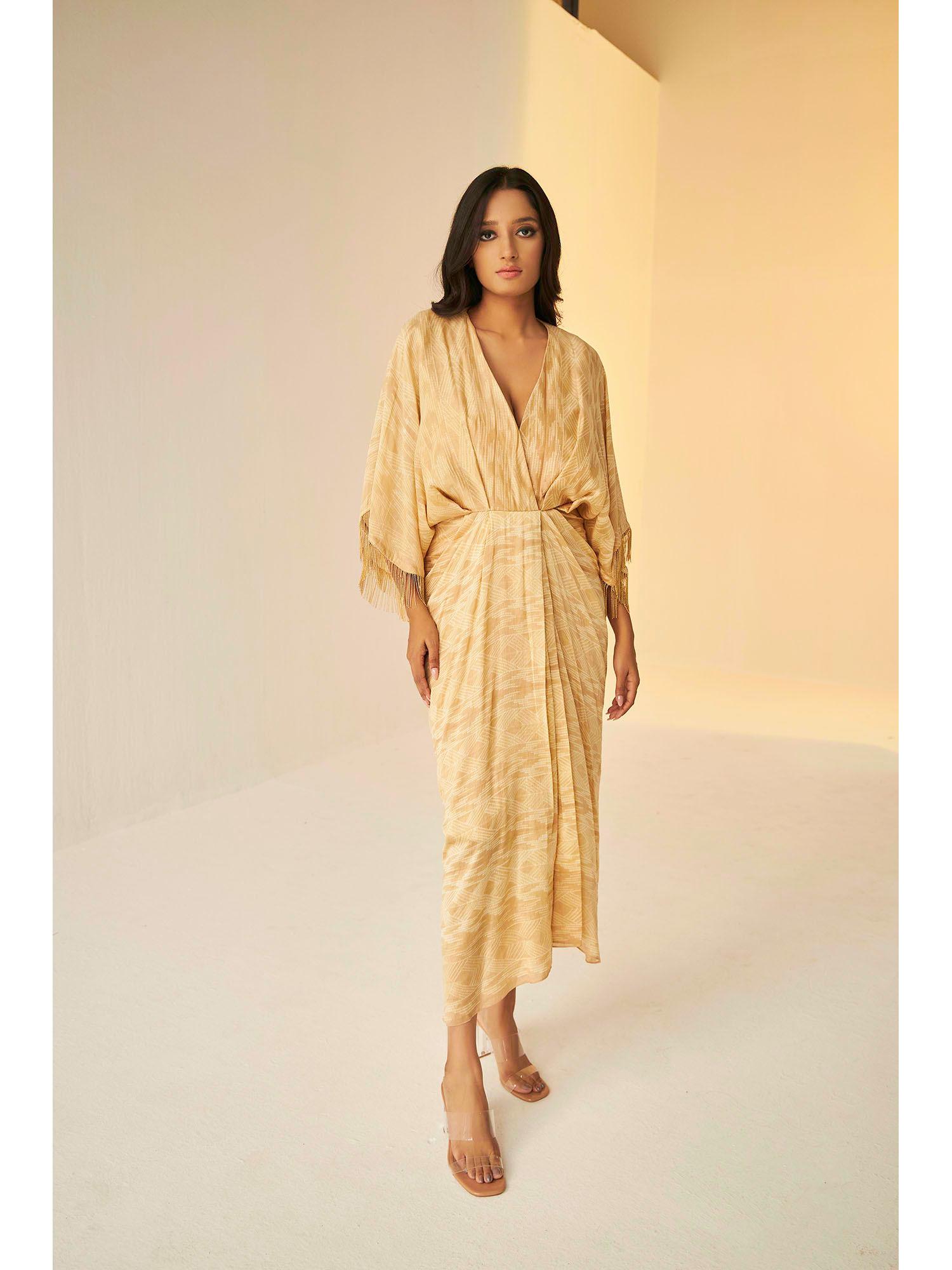 shibori beige drape dress