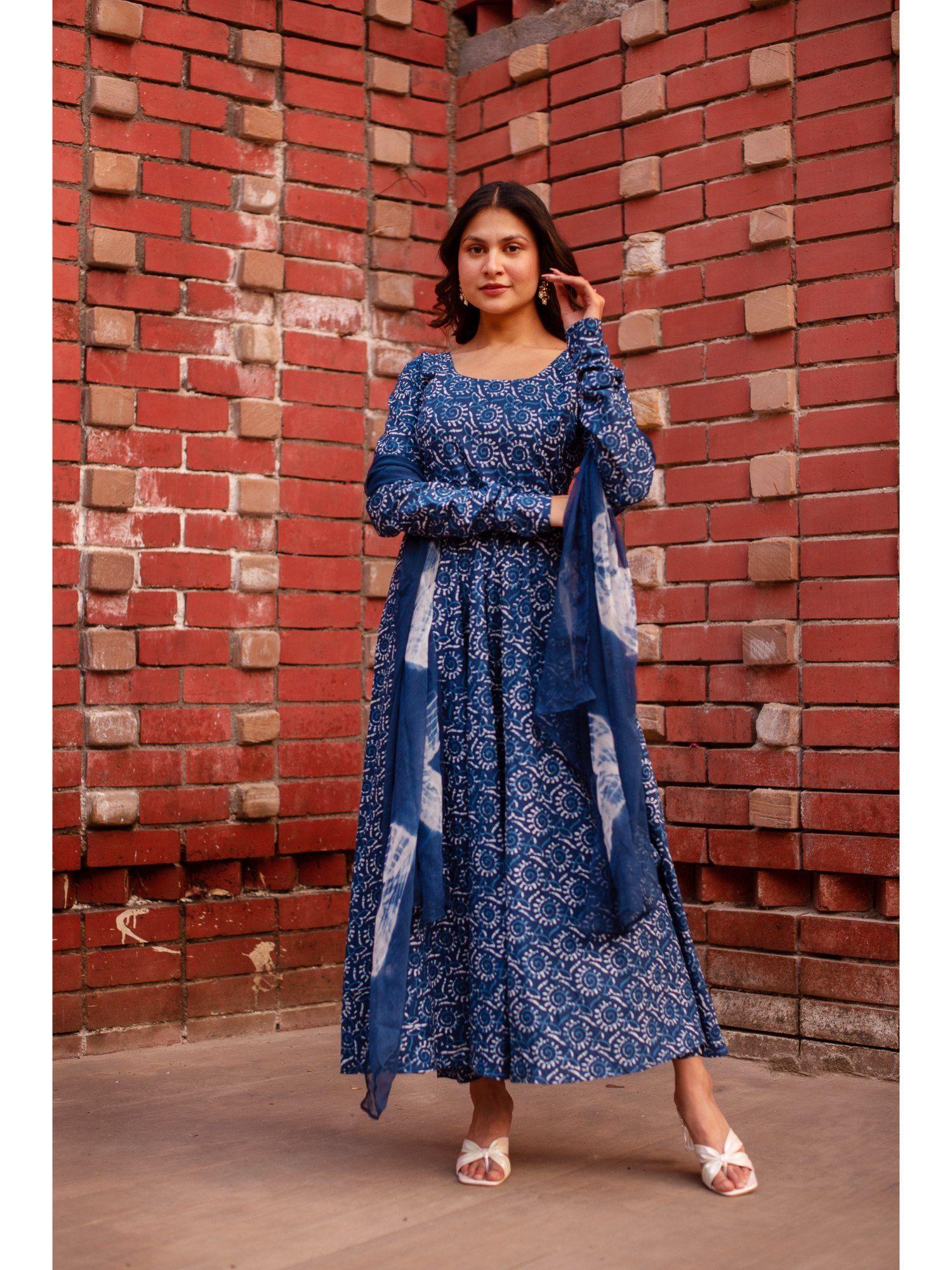 shibori indigo blue anarkali kurta pants with dupatta (set of 3)