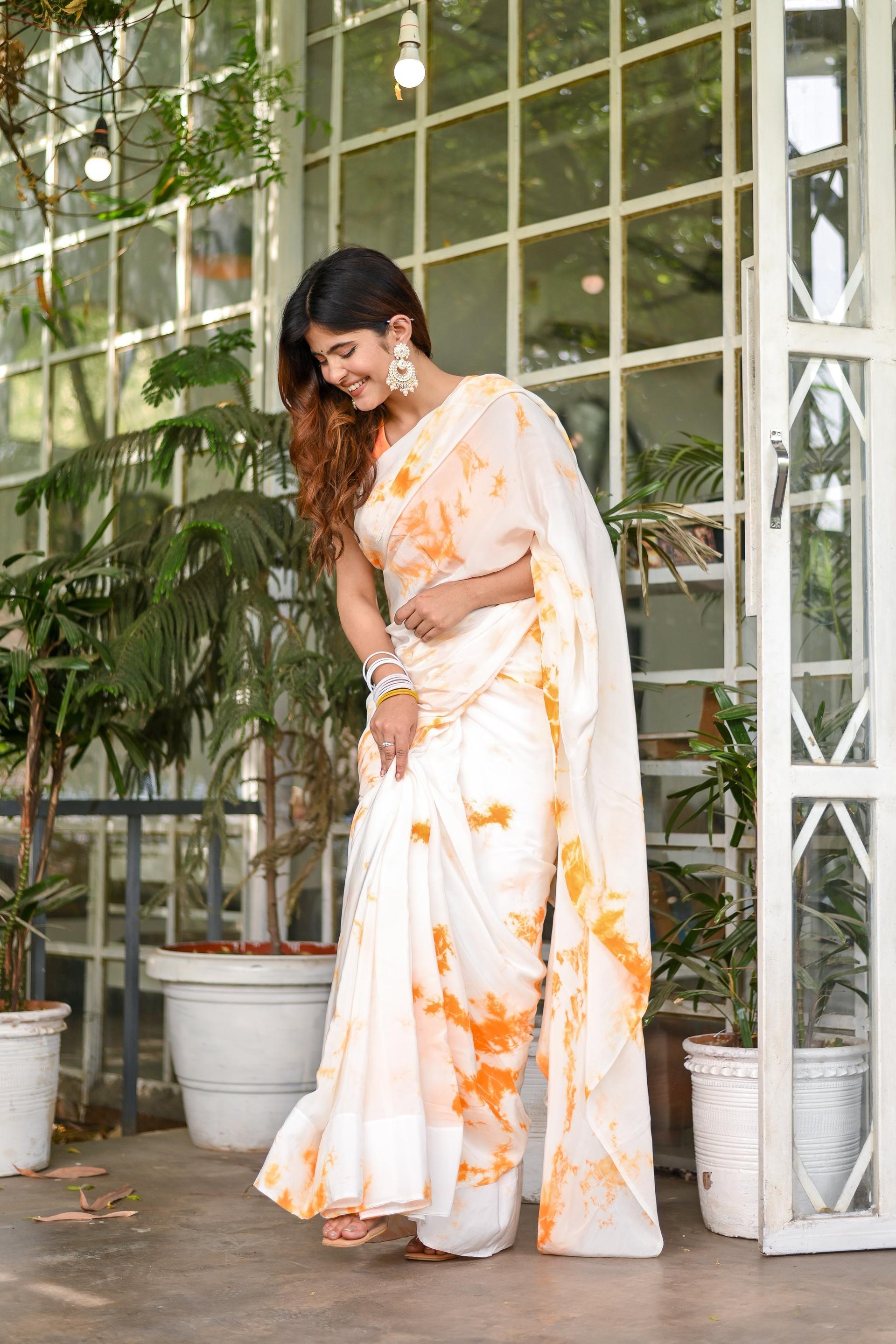 shibori orange (hand dyed shibori satin saree)