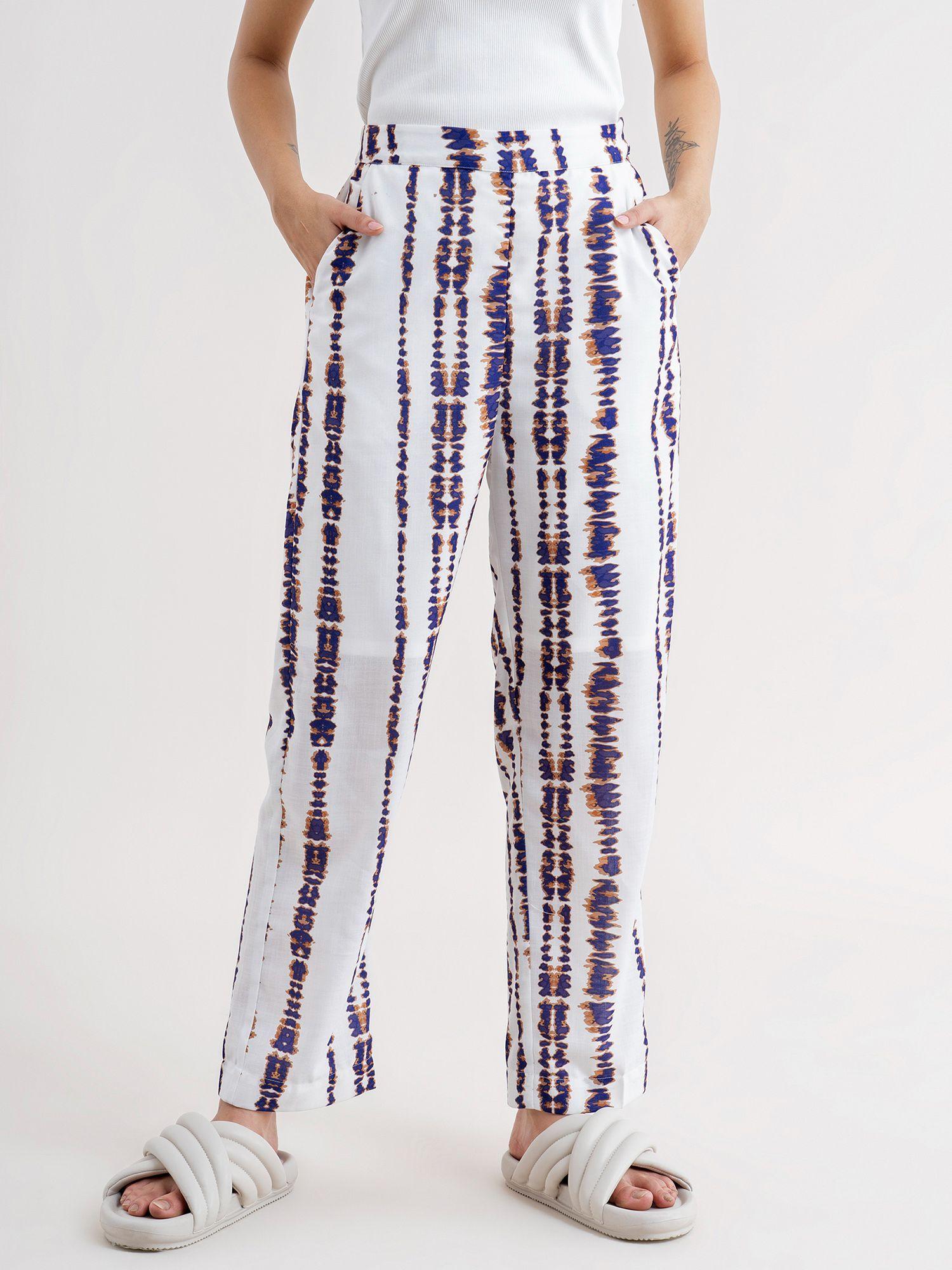 shibori print drawstring trousers - white & blue