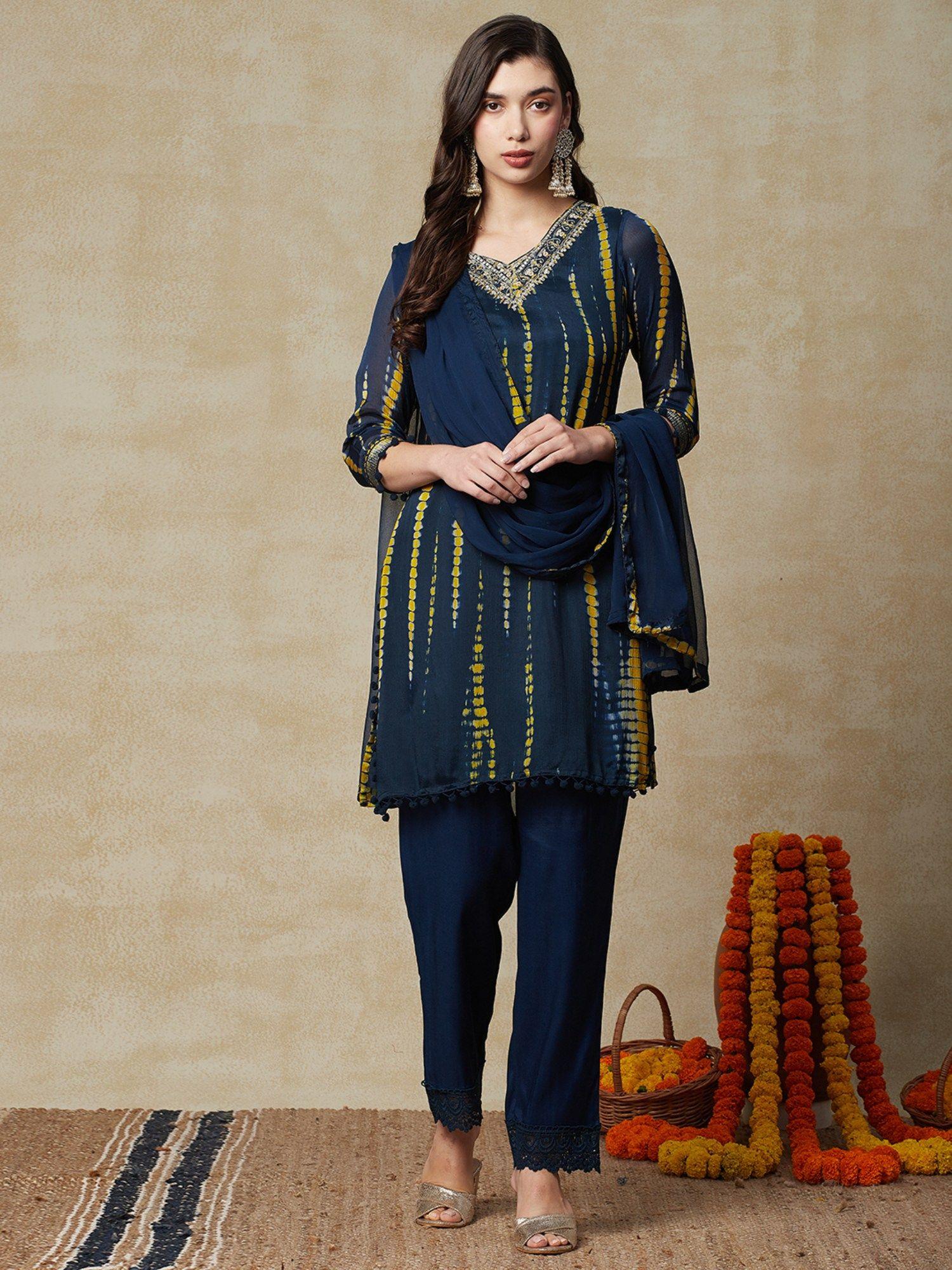 shibori printed kurti with pants & dupatta -navy blue (set of 3)