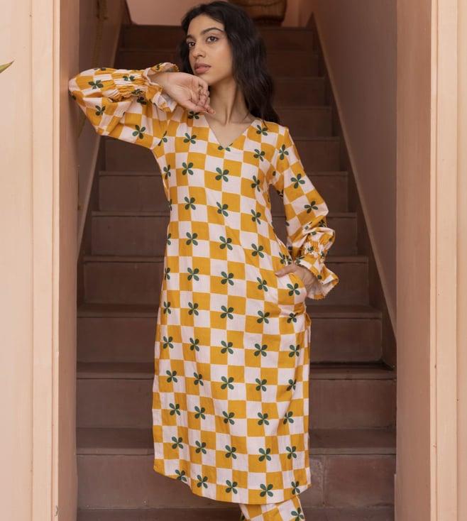 shibui mustard beyond dreams checks plum kurta