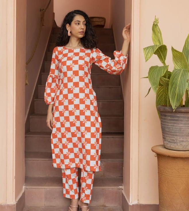 shibui peach beyond dreams checks bloom kurta with pant