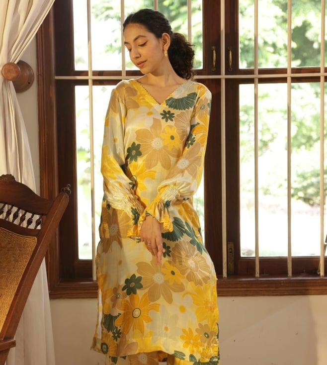 shibui yellow beyond dreams mosaic print plum kurta