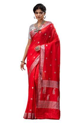 shiffon khaddi red saree with silver zari with blouse piece - red