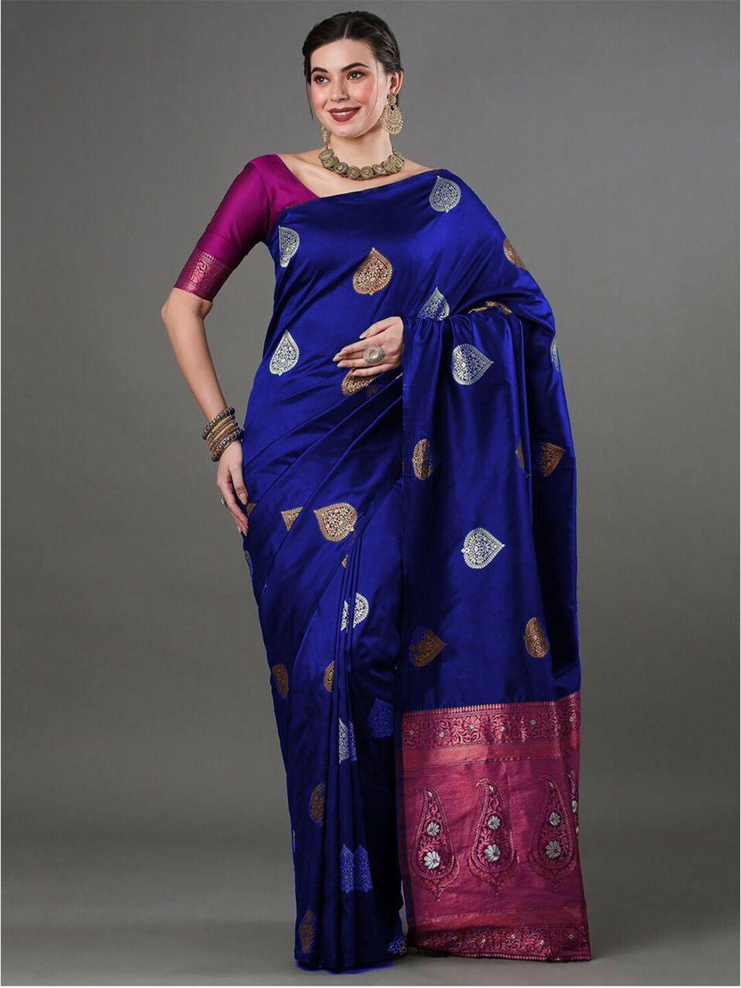 shijila blue & pink woven design zari silk blend kanjeevaram saree