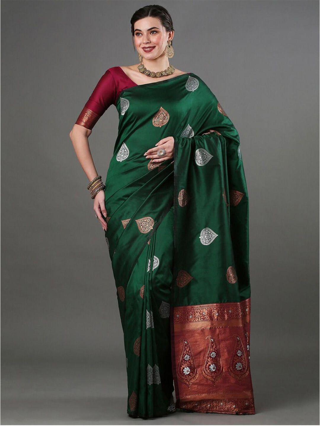 shijila green & copper-toned woven design zari silk blend kanjeevaram saree