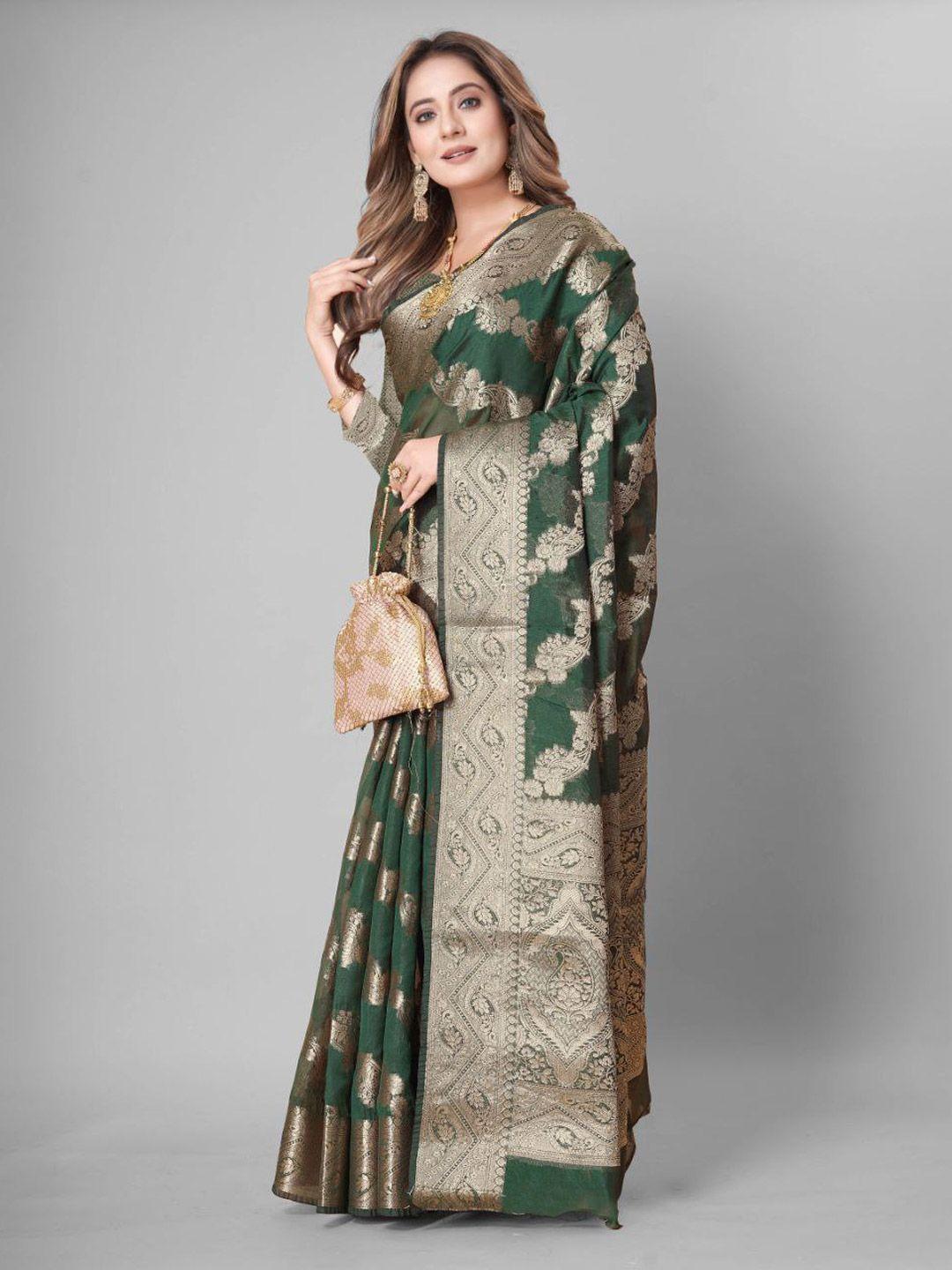 shijila green & gold-toned woven design zari organza kanjeevaram saree