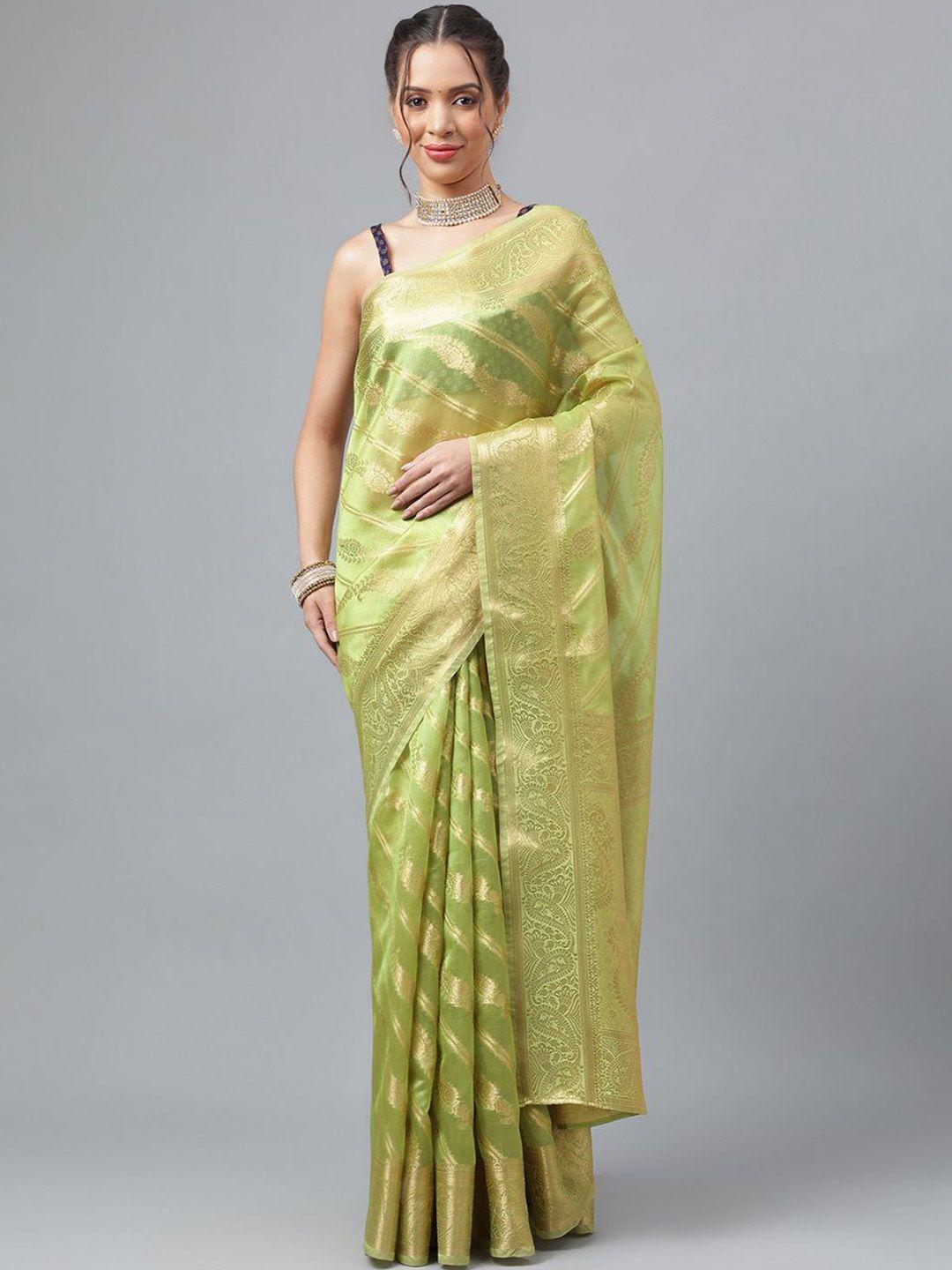 shijila lime ethnic motifs woven design zari detail organza kanjeevaram saree