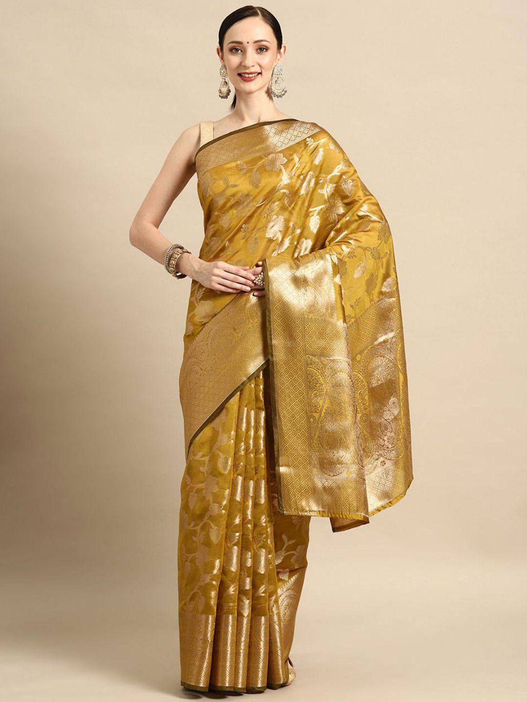 shijila olive green & gold-toned woven design zari organza kanjeevaram saree